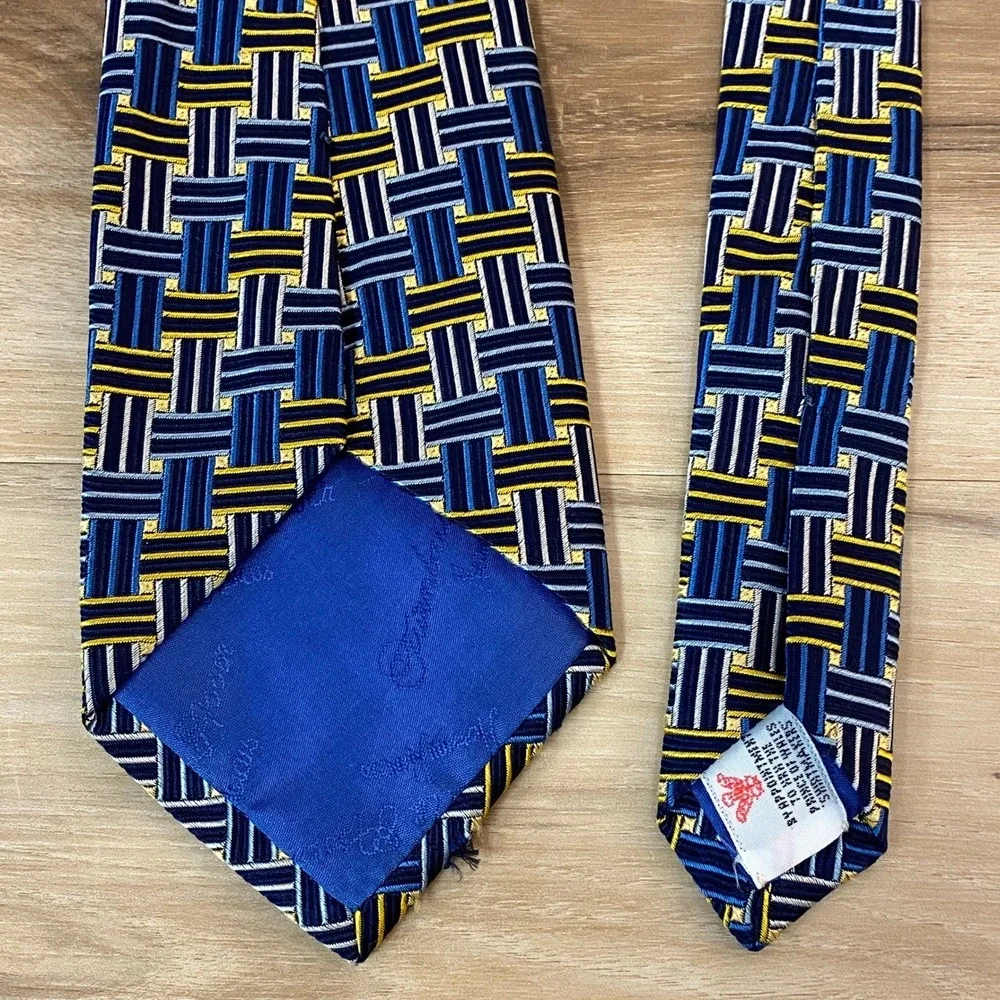 Turnbull & Asser‎ Mens Silk Tie Hand Made London Blue Yellow Geometric Pattern